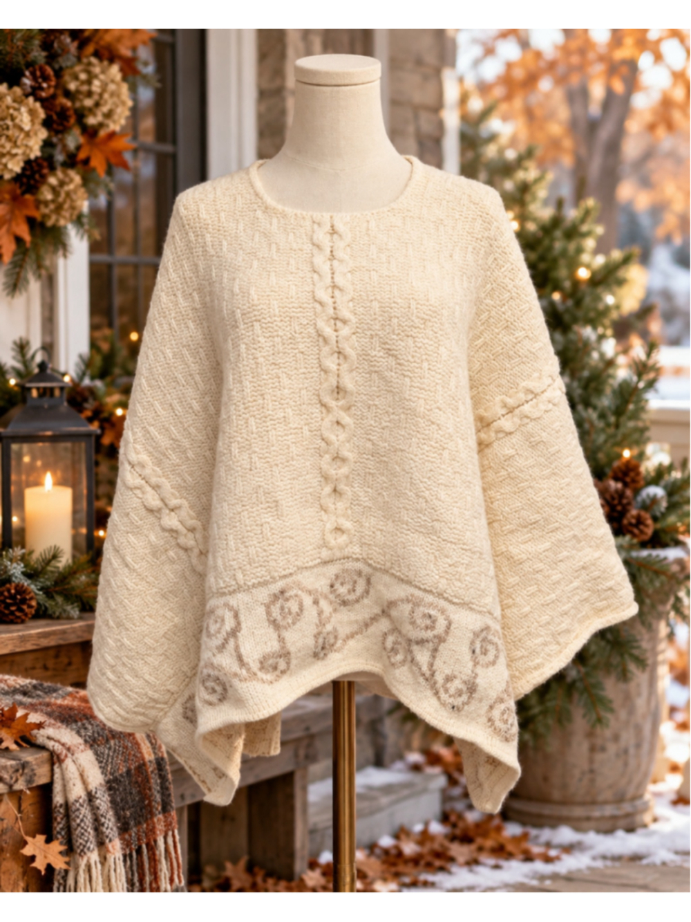 Vintage Connemara Knitwear Irish Wool Cable Knit Poncho Cape Ivory One Size